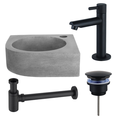 Fortifura Fuente Fonteinset - 31.5x31.5x10cm - 1 kraangat - hoek - fonteinkraan zwart mat - beton - beton (grijs)