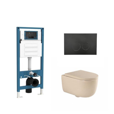 QeramiQ Dely Swirl Ensemble de toilette - réservoir encastré Qeramiq Flush - abattant 35mm - plaque de commande noire mate en métal - boutons ronds - beige