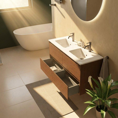 Saniclass Holz Pure Ensemble de meuble de salle de bains - 120x45x62cm - Lavabo Vygo en céramique blanc - 2 vasques - 2 trous de robinetterie - 4 tiroirs - noyer pure mat (bois)