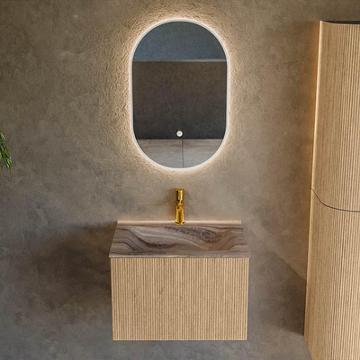 MONDIAZ KURVE-DLUX Meuble de salle de bains 60cm couleur Chêne avec 1 tiroir et 0 porte. Lavabo CLOUD Central 1 trou de robinet Sombra.