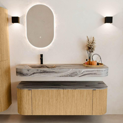 MONDIAZ THOR-DLUX 140cm meuble de salle de bains arrondi gauche + droite couleur Oak avec 1 tiroir et 2 portes. Vasque suspendue CLOUD gauche 1 trou de robinet couleur Sombra.