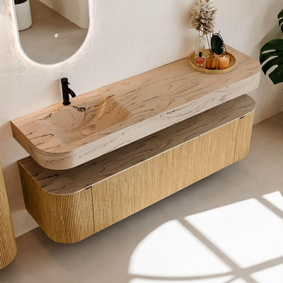 MONDIAZ THOR-DLUX 170cm badmeubel ronding links + rechts kleur Oak met 1 lade en 2 deuren. Vrijhangende wastafel CLOUD Links 1 kraangat kleur Arena.