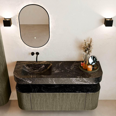 MONDIAZ THOR-DLUX 140cm badmeubel ronding links + rechts kleur Shadow met 1 lade en 2 deuren. Vrijhangende wastafel CLOUD Links zonder kraangat kleur Lava.