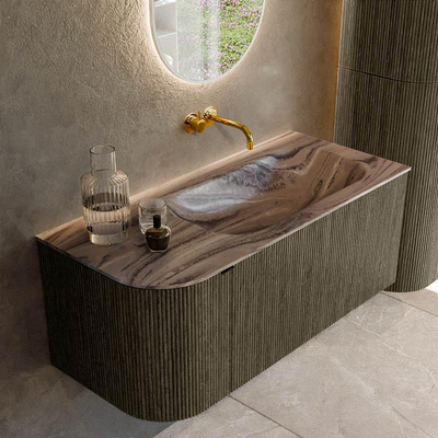 MONDIAZ KURVE-DLUX meuble de salle de bains 105cm arrondi à gauche couleur Shadow avec 1 tiroir et 1 porte. Lavabo BIG SMALL à droite sans trou de robinetterie Sombra.