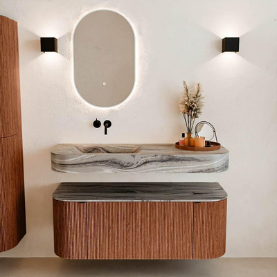 MONDIAZ THOR-DLUX 120cm badmeubel ronding links + rechts kleur Ruby met 1 lade en 2 deuren. Vrijhangende wastafel CLOUD Links zonder kraangat kleur Sombra.