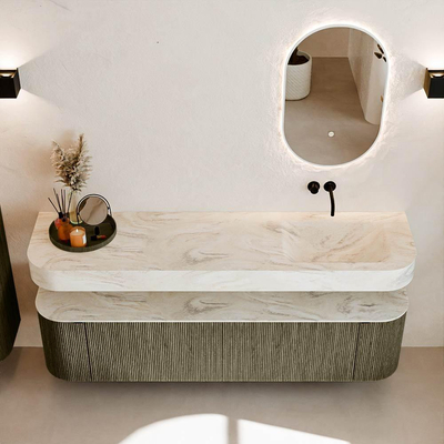 MONDIAZ THOR-DLUX 180cm meuble de salle de bains arrondi gauche + droite couleur Shadow avec 2 tiroirs et 2 portes. Vasque suspendue CLOUD Droite sans trou de robinet couleur Ostra.