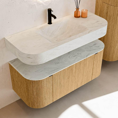 MONDIAZ THOR-DLUX 110cm badmeubel ronding links + rechts kleur Oak met 1 lade en 2 deuren. Vrijhangende wastafel CLOUD Midden 1 kraangat kleur Opalo.