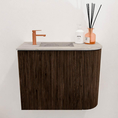 Mondiaz JOYA-DLUX 51.6cm toiletmeubel - ronding rechts kleur Walnut - Wastafel FAYE positie Links 1 kraangat kleur Glace.