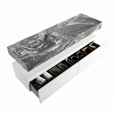 Mondiaz ALAN-DLUX Ensemble de meuble - 150cm - meuble Talc mat - 2 tiroirs - Lavabo Cloud Lava suspendu - vasque gauche - 0 trous de robinet