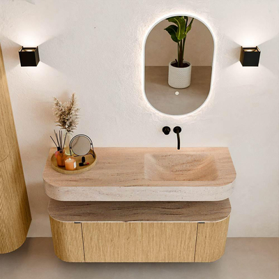 MONDIAZ THOR-DLUX 130cm badmeubel ronding links + rechts kleur Oak met 1 lade en 2 deuren. Vrijhangende wastafel CLOUD Rechts zonder kraangat kleur Saba.