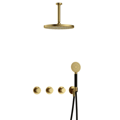 Hotbath Cobber X IBSX70 Ensemble de douche de pluie encastré - douche de tête 30cm - bras de plafond 15cm - douchette ronde 3 jets - laiton brossé - PVD