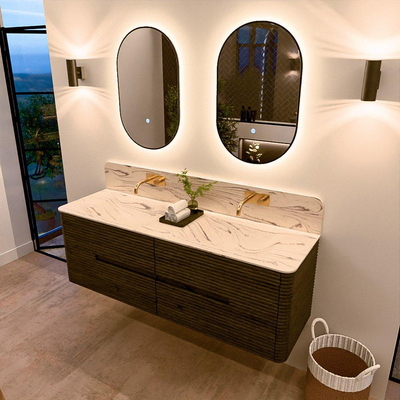 Mondiaz CIRO-DLUX Badkamermeubelset - 150x45x50cm - Solid surface wastafel Nata - 2 wasbak Dubbel - zonder kraangaten - 4 lades - Shadow