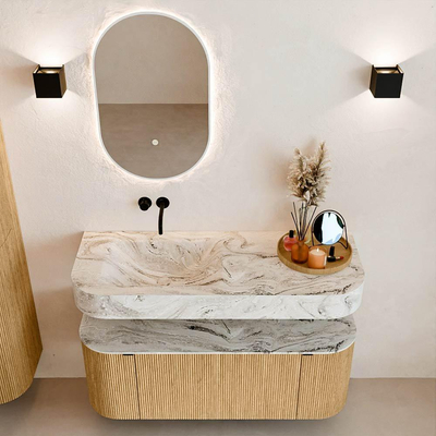 MONDIAZ THOR-DLUX 120cm badmeubel ronding links + rechts kleur Oak met 1 lade en 2 deuren. Vrijhangende wastafel CLOUD Links zonder kraangat kleur Glace.