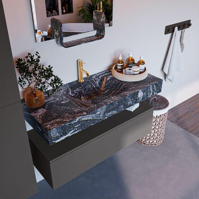 Mondiaz ALAN-DLUX Ensemble de meuble - 110cm - meuble Dark grey mat - 1 tiroir - Lavabo Cloud Lava suspendu - vasque Centre - 1 trou de robinet