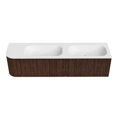 MONDIAZ KURVE 175cm meuble de salle de bains avec module 25 L couleur Walnut avec 2 tiroirs et 1 porte. Lavabo BIG SMALL double / droit sans trou de robinet Talc.