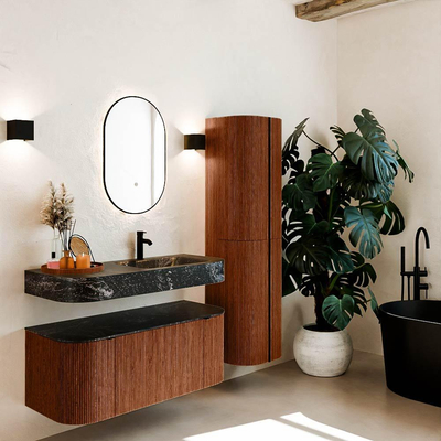 MONDIAZ THOR-DLUX Meuble de salle de bains 110cm arrondi gauche + droite couleur Ruby avec 1 tiroir et 2 portes. Vasque suspendue CLOUD Droite 1 trou de robinet couleur Lava.