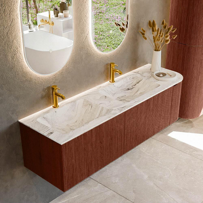 Mondiaz KURVE-DLUX Badkamermeubelset - 155x46x40cm - 2 lade - 1 deur - wastafel solid surface - dubbel / links - 2 kraangaten - Ruby