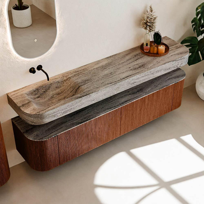 MONDIAZ THOR-DLUX 200cm meuble de salle de bains arrondi gauche + droite couleur Ruby avec 2 tiroirs et 2 portes. Vasque suspendue CLOUD Gauche sans trou de robinet couleur Oza.