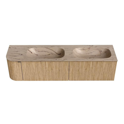 MONDIAZ KURVE-DLUX 175cm meuble de salle de bains arrondi à gauche couleur Chêne avec 2 tiroirs et 1 porte. Lavabo STOR SMALL Double / Droite 2 trous de robinet Arena.