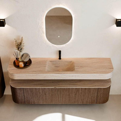 MONDIAZ THOR-DLUX 180cm badmeubel ronding links + rechts kleur Walnut met 2 lades en 2 deuren. Vrijhangende wastafel CLOUD Midden 1 kraangat kleur Saba.