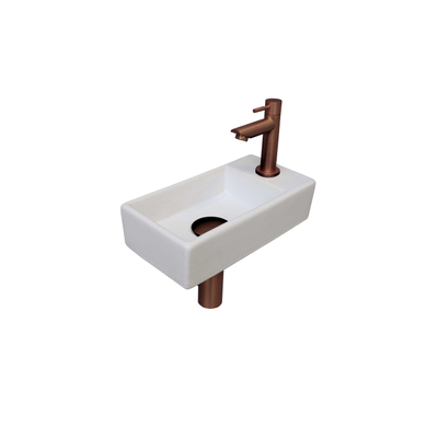 Ink Versus pack lave-mains – 36 x 18 x 9 cm – porcelaine blanc brillant – perçage à droite – robinet or rose mat