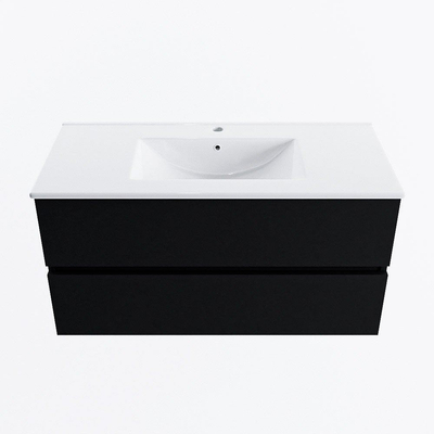 MONDIAZ VICA 100cm meuble sous lavabo Urban 2 tiroirs. Lavabo DENIA milieu 1 trou de robinet, couleur Blanc Brillant.