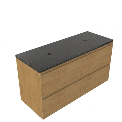 Saniclass Holz Pure Ensemble de meubles de salle de bains - 120x45x63cm - vasque en basalte Noche polie - 1 vasque - sans trou de robinet - 4 tiroirs - chêne natural mat (bois)