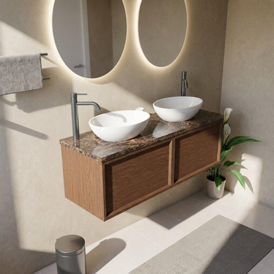 Saniclass Holz Frame Ensemble meuble de salle de bains - 140x45x43cm - Plan de travail en pierre naturelle Noche dark emperador - 2 trous de robinetterie - 2 tiroirs - walnut pure mat (bois)