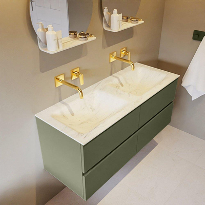 Mondiaz VICA-DLUX ensemble de meuble de salle de bain - 120cm - meuble sous-vasque armée - 4 tiroirs - lavabo encastré nuage double - sans trous de robinet - version haute de 60cm - opalo