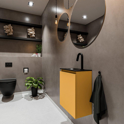 MONDIAZ TURE Toiletmeubel 40x23x50cm met 1 kraangaten 1 deuren ocher mat Wastafel Eden links Solid Surface Zwart