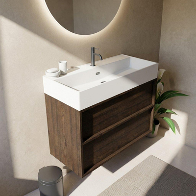 Saniclass Holz Frame Ensemble meuble de salle de bains - 100x45x72cm - Legend lavabo en céramique blanc mat - 1 vasque - 1 trou de robinetterie - 2 tiroirs - chêne charcoal mat (bois)