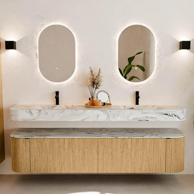 MONDIAZ THOR-DLUX 200cm meuble de salle de bains arrondi gauche + droite couleur Chêne avec 2 tiroirs et 2 portes. Vasque suspendue CLOUD Double 2 trous de robinet couleur Glace.