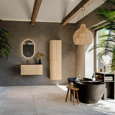 MONDIAZ KURVE meuble de salle de bains 85cm avec module 25 R couleur chêne avec 1 tiroir et 1 porte. Lavabo CLOUD gauche 1 trou de robinet Urban.