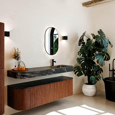 MONDIAZ THOR-DLUX 160cm meuble de salle de bains arrondi gauche + droite couleur Ruby avec 1 tiroir et 2 portes. Vasque suspendue CLOUD Droite 1 trou de robinet couleur Lava.