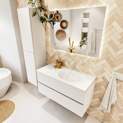 MONDIAZ VICA 100cm meuble sous lavabo Talc 2 tiroirs. Lavabo MOON droit sans trou de robinet, couleur Talc.