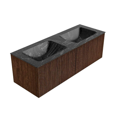 MONDIAZ KURVE-DLUX 130cm Meuble salle de bain - couleur Walnut - 2 tiroirs - vasque LEAF double - 2 trous de robinet - couleur Lava