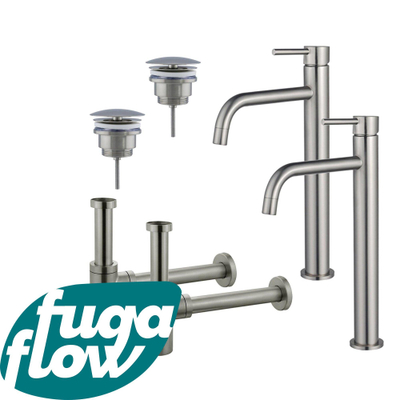 FugaFlow Eccelente Sobrado Badkamer Slim Wastafelkraanset - voor dubbele wastafel - verhoogde wastafelkraan - always open plug - design sifon - PVD Geborsteld RVS