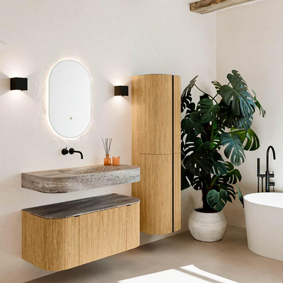 MONDIAZ THOR-DLUX 100cm badmeubel ronding links + rechts kleur Oak met 1 lade en 2 deuren. Vrijhangende wastafel CLOUD Midden zonder kraangat kleur Oza.