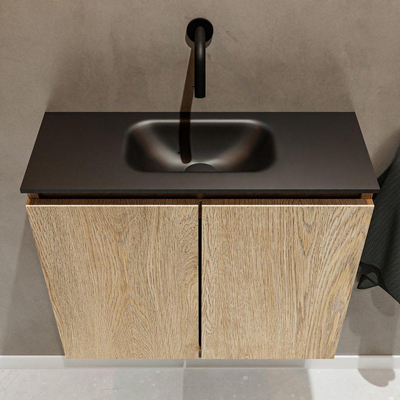 MONDIAZ TURE Fonteinset - 60x23x50cm - 0 kraangaten - 2 deuren - washed oak mat - Wasbak midden - Solid Surface Zwart