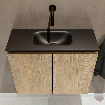 Mondiaz TURE Meuble lave-mains 60x23x50cm sans trous de robinet 2 portes Washed oak mat Lavabo Eden Centre Solid Surface Noir