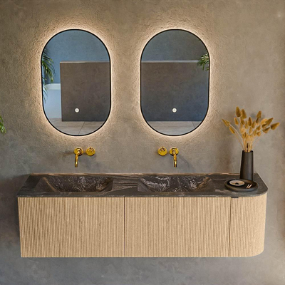 MONDIAZ KURVE-DLUX meuble de salle de bains 155cm avec module 25 R couleur Chêne avec 2 tiroirs et 1 porte. Lavabo LEAF double / gauche sans trou de robinet couleur Lava.