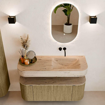 MONDIAZ THOR-DLUX 120cm meuble de salle de bains arrondi gauche + droite couleur Dusk avec 1 tiroir et 2 portes. Vasque suspendue CLOUD droite sans trou de robinet couleur Arena.