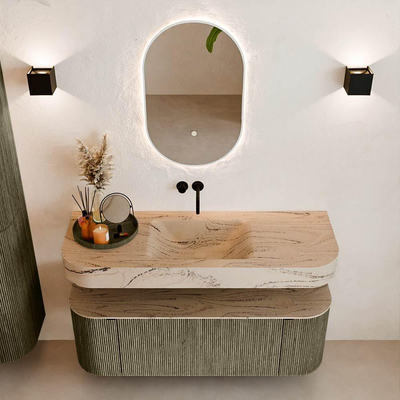 MONDIAZ THOR-DLUX 130cm meuble de salle de bains arrondi gauche + droite couleur Shadow avec 1 tiroir et 2 portes. Vasque suspendue CLOUD Milieu sans trou de robinet couleur Arena.