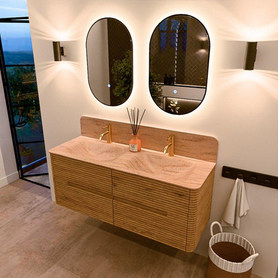 Mondiaz CIRO-DLUX Meuble de salle de bains - 130x45x50cm - Plan vasque solid surface Saba - 2 vasques double - 2 trous de robinetterie - 4 tiroirs - Chêne