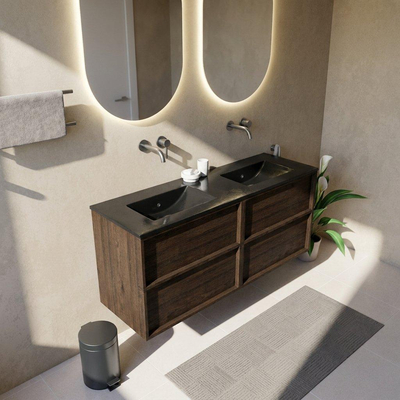 Saniclass Holz Frame Ensemble de meubles de salle de bains - 140x45x62cm - lavabo Vygo en céramique noir - 2 vasques - sans trous de robinetterie - 4 tiroirs - chêne charcoal mat (bois)