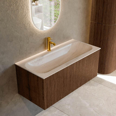 MONDIAZ KURVE-DLUX Meuble de salle de bains 100cm couleur Walnut avec 1 tiroir et 0 porte. Lavabo BIG MEDIUM Central 1 trou de robinet Meli.