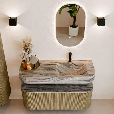 MONDIAZ THOR-DLUX 120cm meuble de salle de bains arrondi gauche + droite couleur Dusk avec 1 tiroir et 2 portes. Vasque suspendue CLOUD Droite 1 trou de robinet couleur Sombra.