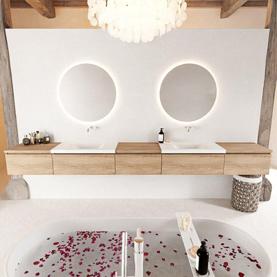 MONDIAZ BUKLA meuble de salle de bain 340cm avec module 60 couleur Chêne blanchi avec 5 tiroirs. Lavabo CLOUD double 0 trou de robinet couleur Talc.
