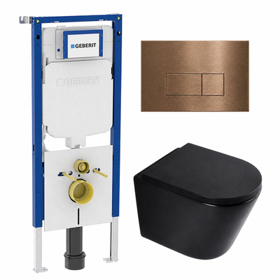 QeramiQ Dely Toiletset - 36.3x51.7cm - diepspoel - rimless - Geberit UP720 inbouwreservoir - softclose toilet zitting - 35mm - koperen bedieningsplaat - rechthoekige knoppen - mat zwart