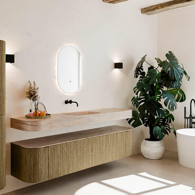 MONDIAZ THOR-DLUX Meuble de salle de bains 190cm arrondi gauche + droite couleur Dusk avec 2 tiroirs et 2 portes. Vasque suspendue CLOUD Milieu sans trou de robinet couleur Saba.